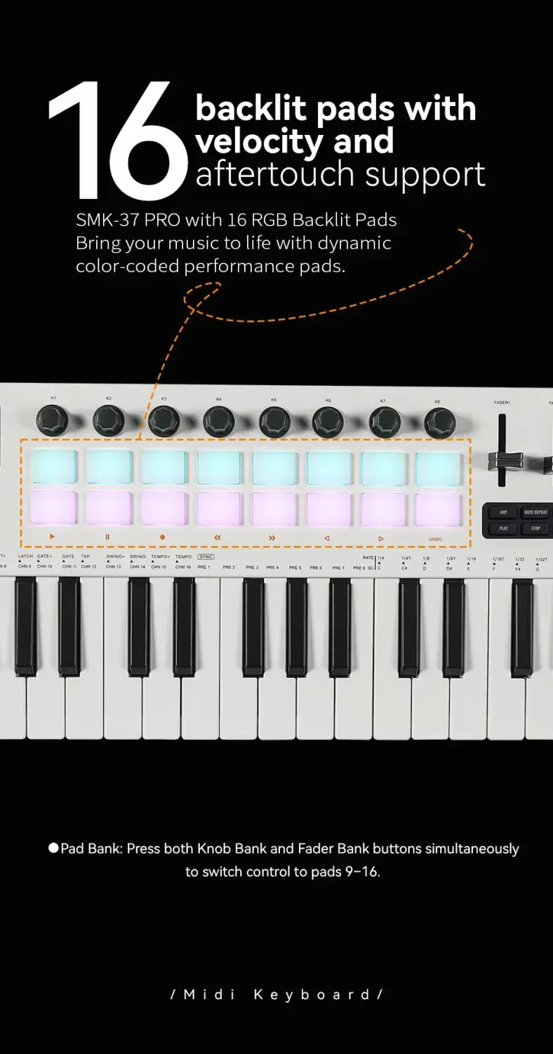M-VAVE SMK-37 Pro 37-Key MIDI Controller White 16 RGB Pads 8 Knobs Built-in Synthesizer Portable Keyboard Digital Audio AMP