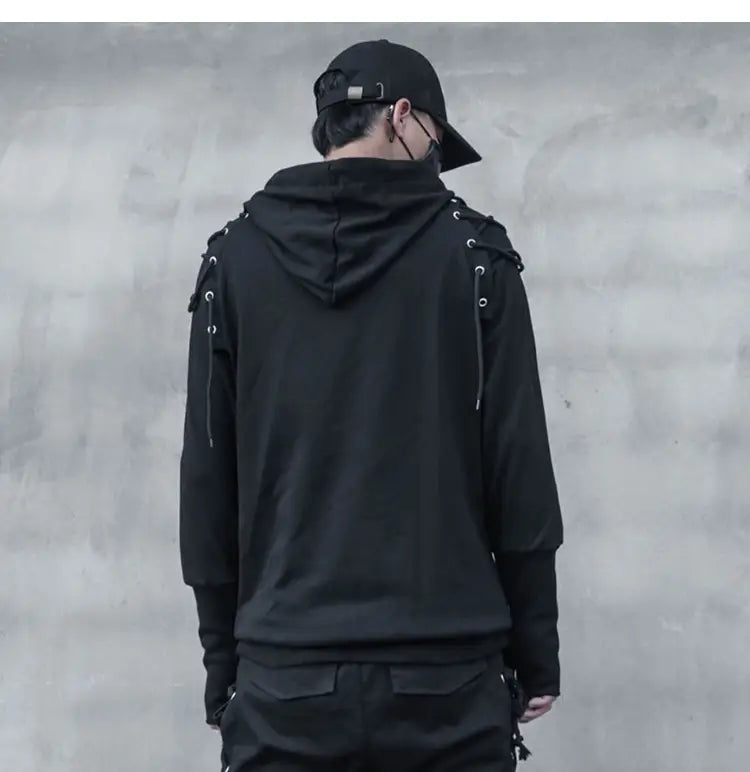Punk Drawstring Sleeve Hooded Pullover Harajuku Techwear Hoodies Sweatshirts Mens Loose Hoody Clothing Hip Hop Streetwear