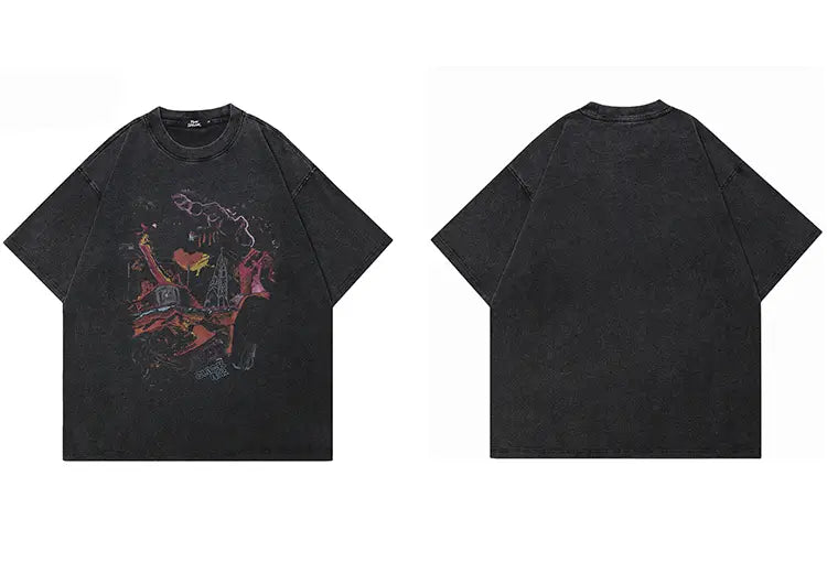 Hip Hop Oversize Washed T-Shirt Streetwear Harajuku Graffiti Graphic Printed T Shirt 2025 Men Spring Summer Short Sleeve Tshirt