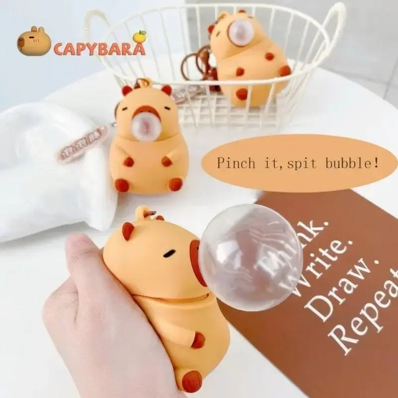 Capybara Doll Pinch Music Keychain Toys Squeeze Spit Bubble Decompression Toy Children’s Schoolbag Doll Pendant Decoration