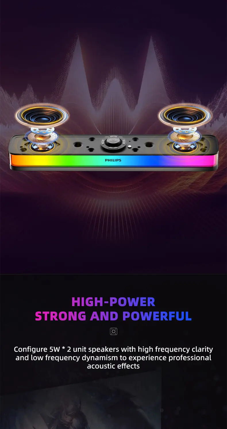 Philips SPA6109 Gaming Desktop Soundbar Full Screen RGB Noise Reduction Speaker with Mic Wired BT 5.3 Computer Sound System