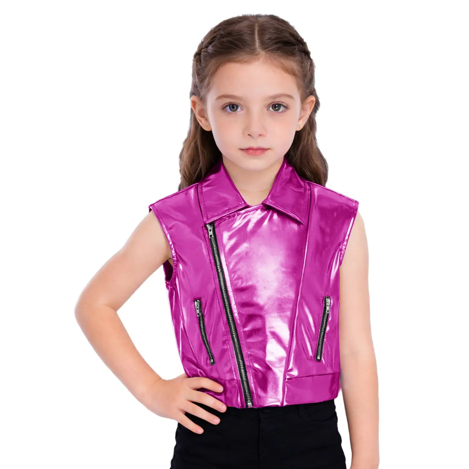 Kids Boys Girls Hip Hop Jazz Dance Performance Costume Turn-Down Collar Vest Zipper Metallic Jacket Tops Sleeveless Outerwear