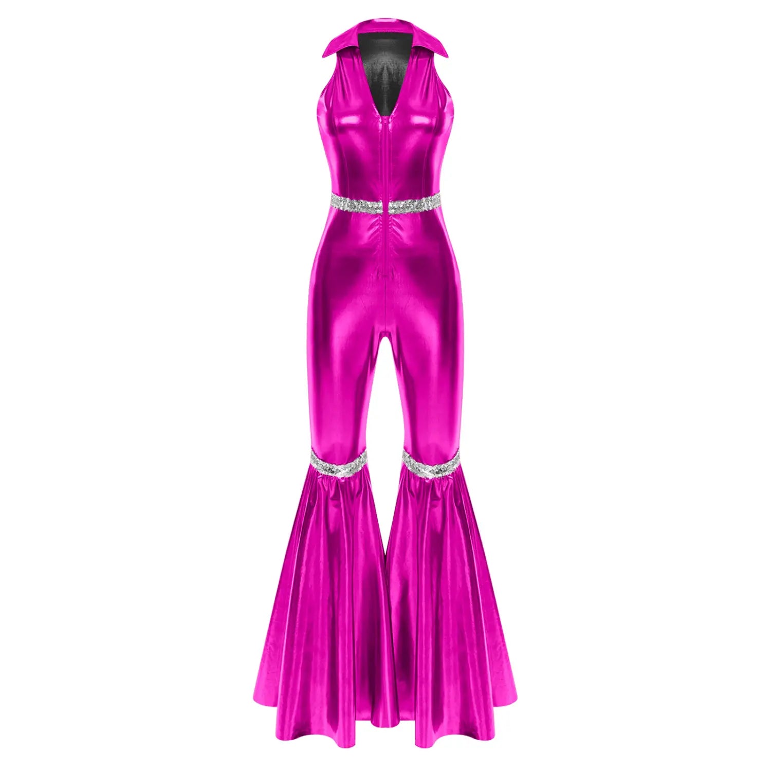 Adult Womens 70s Disco Rompers Lapel V Neck Sleeveless Front Zipper Sequins Bell Bottom Long Pants Jumpsuit Retro Jazz Dancewear