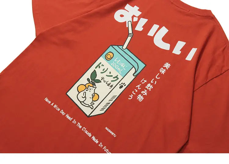 Hip Hop Tshirt Men Japanese Kanji Drink Graphic T Shirt Streetwear Harajuku Summer Short Sleeve T-Shirt Unisex Tops Orange