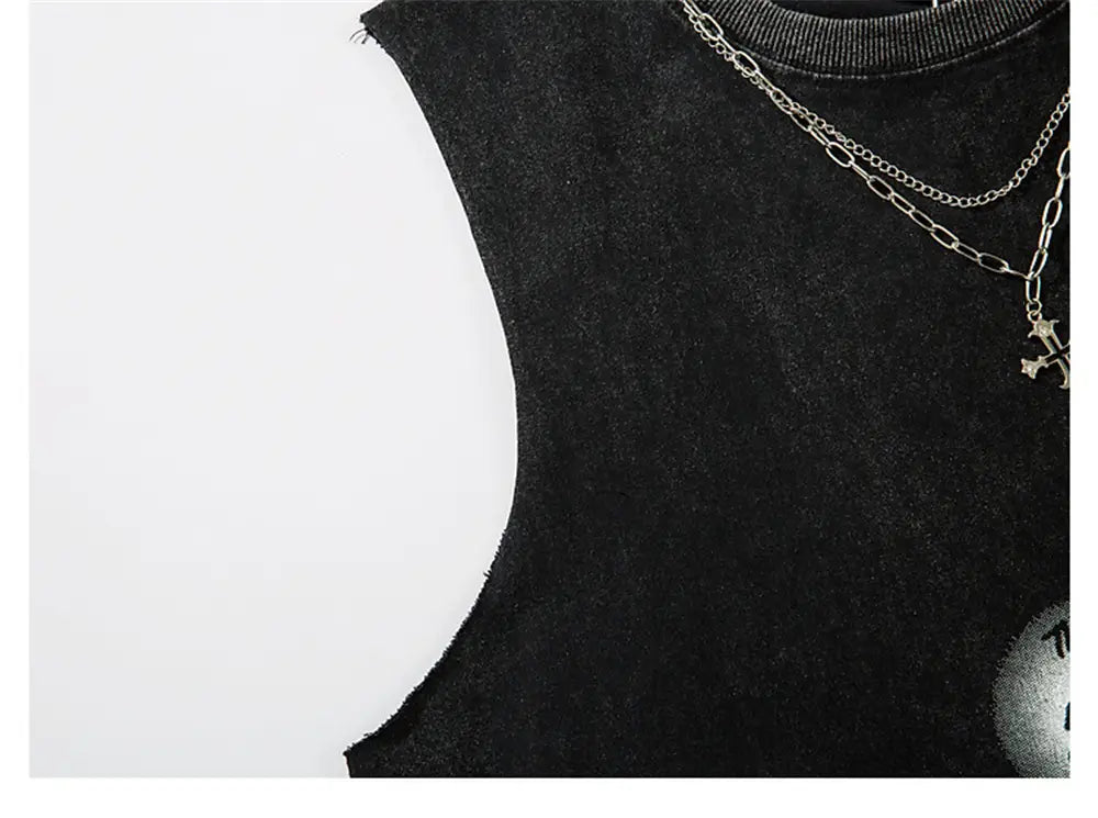 Hip Hop Fashion Tank Tops Men’s Graffiti Printed Necklace Sleeveless T-Shirt Ripped Hole Harajuku Dancing Tops Streetwear
