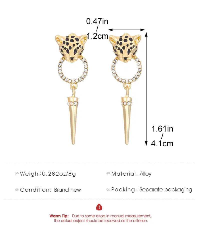 Hip Hop Leopard Head Stud Earrings for Women Punk Statement Jewelry Shiney Crystal Circle Cone Pendant Drops Charm Party Gift