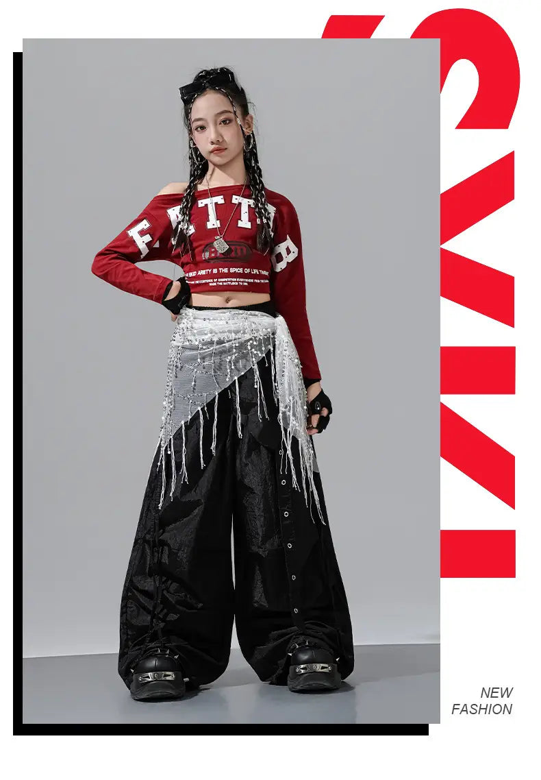 Hip Hop Girls Off Shoulders Crop Top Cargo Pants Kids K-pop Street Dance Clothes Set Children Girl Group Streetwear Teen Costume