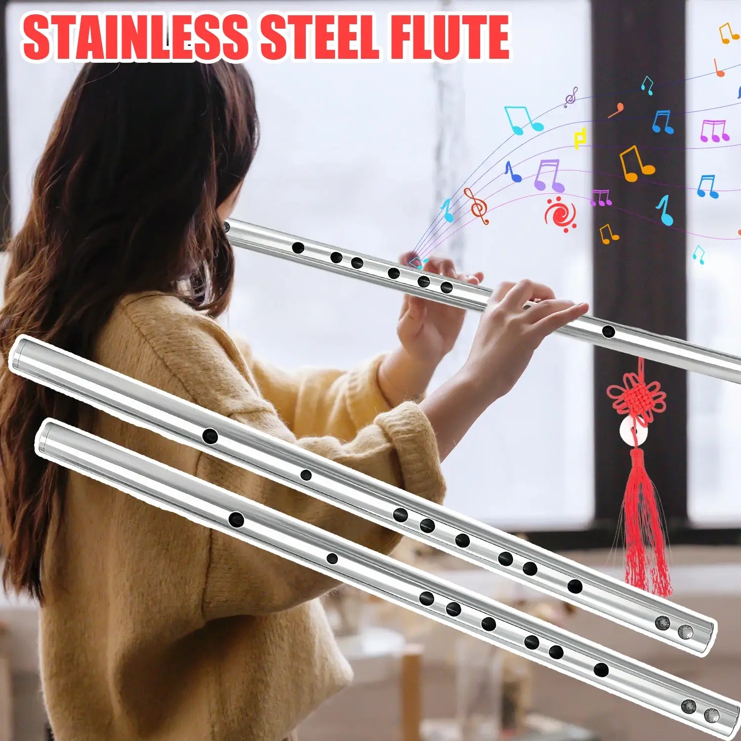 Professional Stainless Steel Flute for Music Learners Beginners Adults Kids Durable Mildew Resistant Easy Play Wind Instrument