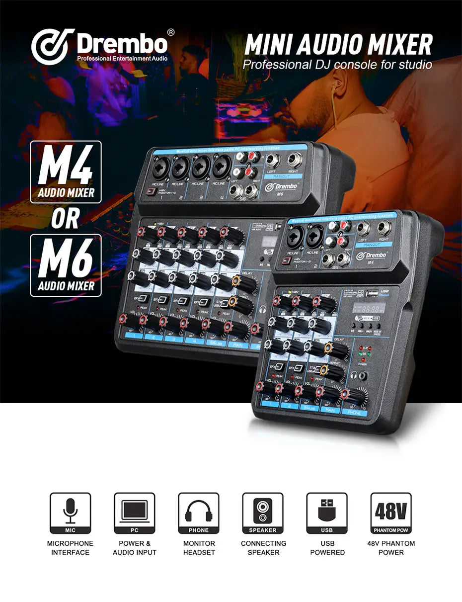 M4 M6 Aduio Mixer DJ Console with Bluetooth Sound Card for PC Recording Karaoke Microphone Instrument Mixing Audio Interface