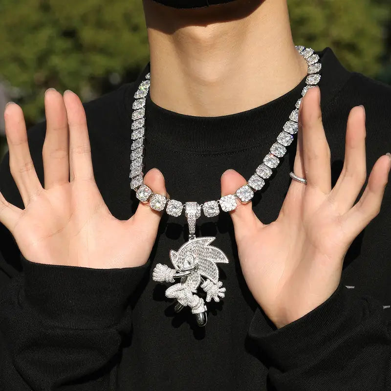 Hip Hop 5A+ CZ Stone Paved Bling Iced Out Cartoon Characters Pendants Necklaces for Men Rapper Jewelry Blue Red Silver Color