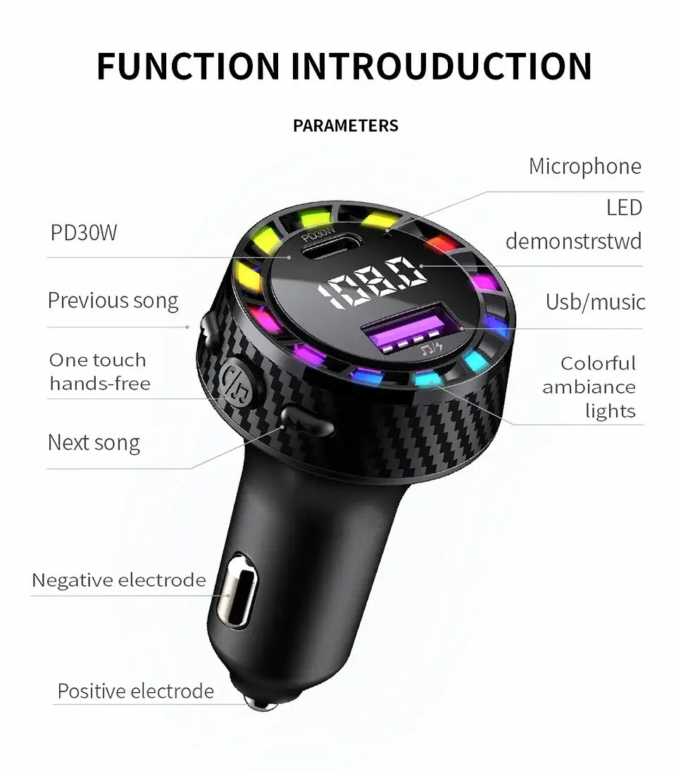 Car Bluetooth 5.3 FM Transmitter Wireless Audio Receiver Car MP3 Player 30W PD Fast Charge With Apple Type-C Port Charging Cable