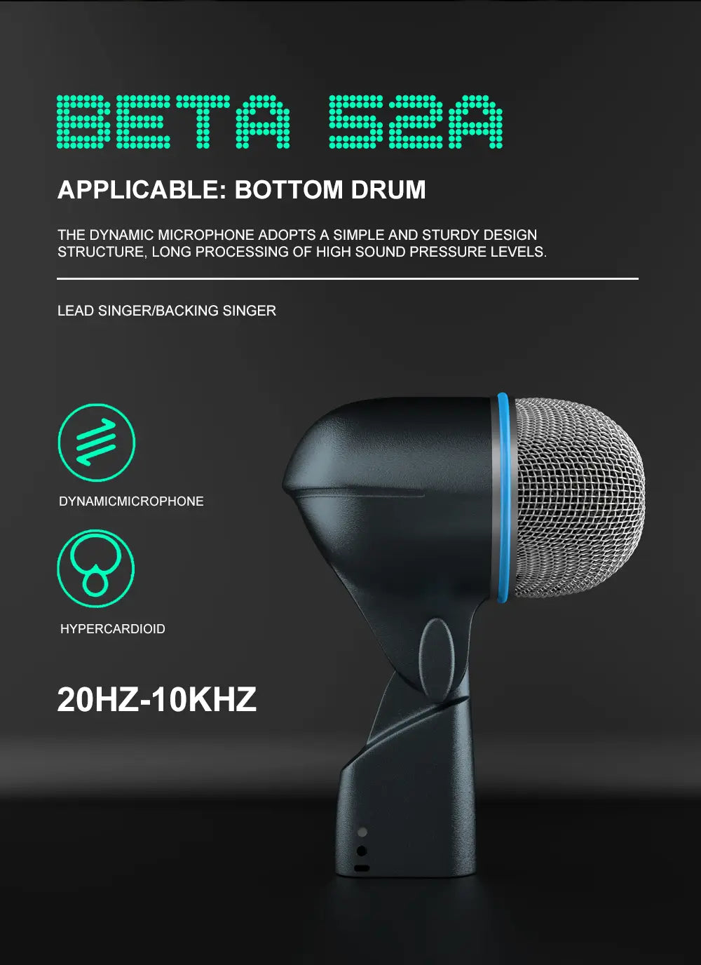 BETA 52A Drum Microphone Instrument Kick Drum Bass Mic Dynamic Bass Snare Metal Body