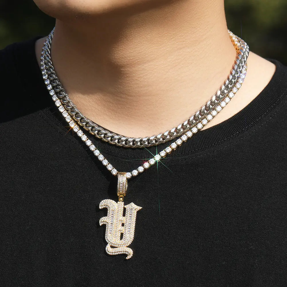 Hip Hop Micro Paved 5A+ Cubic Zirconia Bling Iced Out Old English Single CZ Letter Pendants Necklace for Men Rapper Jewelry