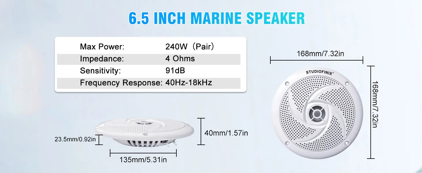 STUDIOFINIX 6.5’’ 240W Waterproof Marine Speakers 2-Way with LEDs Low-Profile for Boat RV ATV UTV Golf Cart (2Pk White)
