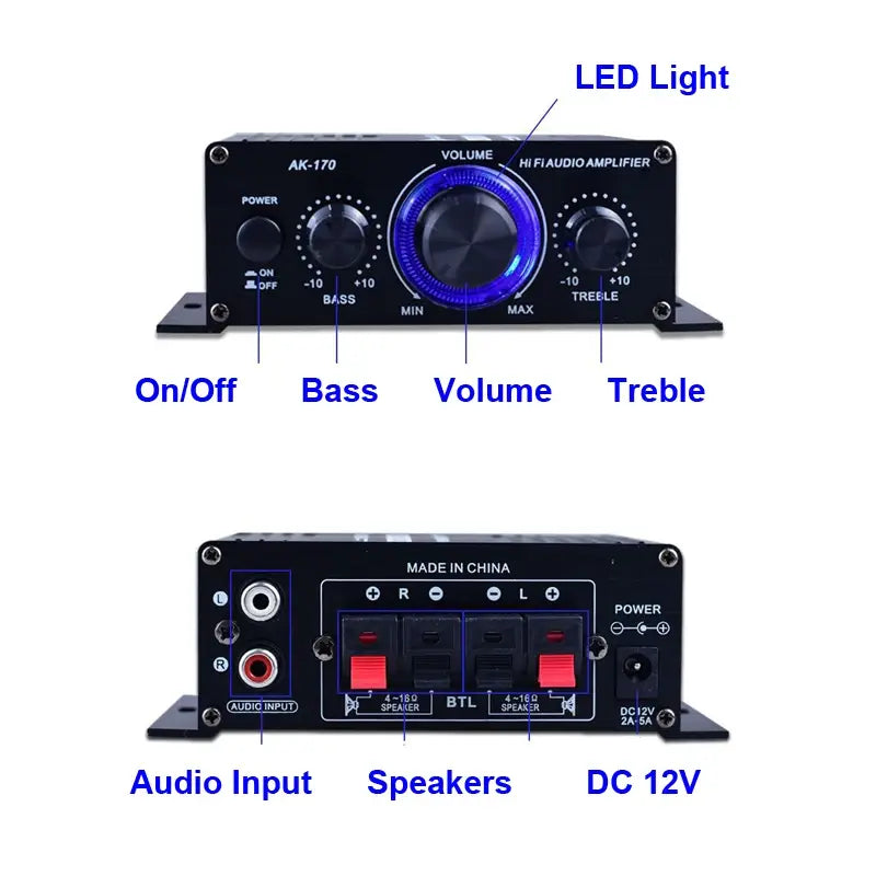 AK170 Mini Digital Power Audio Car Amplifier Blue Light Stereo Audio Amplifier for Home Theater Club Party Music 200Wx2 Power