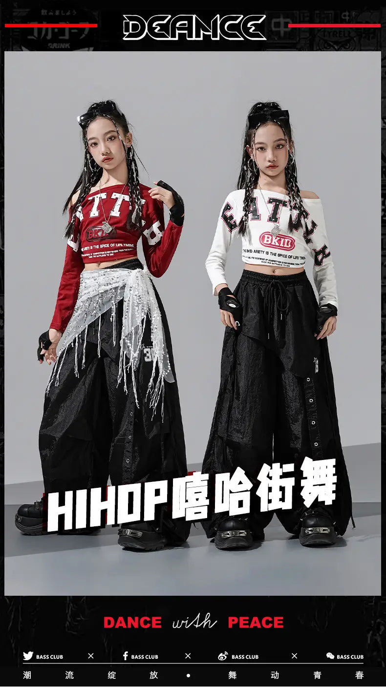 Hip Hop Girls Off Shoulders Crop Top Cargo Pants Kids K-pop Street Dance Clothes Set Children Girl Group Streetwear Teen Costume