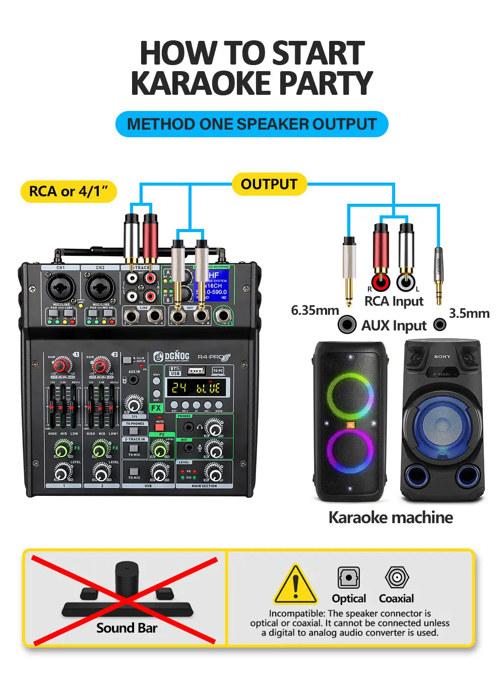 4 Channel Karaoke Audio Mixer with Dual UHF Wireless Microphone USB Bluetooth DJ Mixer for Party Computer Studio Recording DGNOG