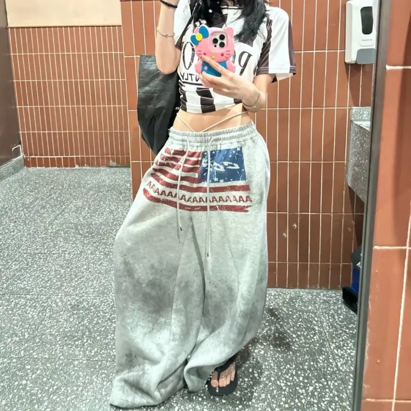 Women Retro American High Street Gothic Print Drawstring Wide Leg Sweatpants for Cotton Hip-hop Loose Versatile Sports Trousers