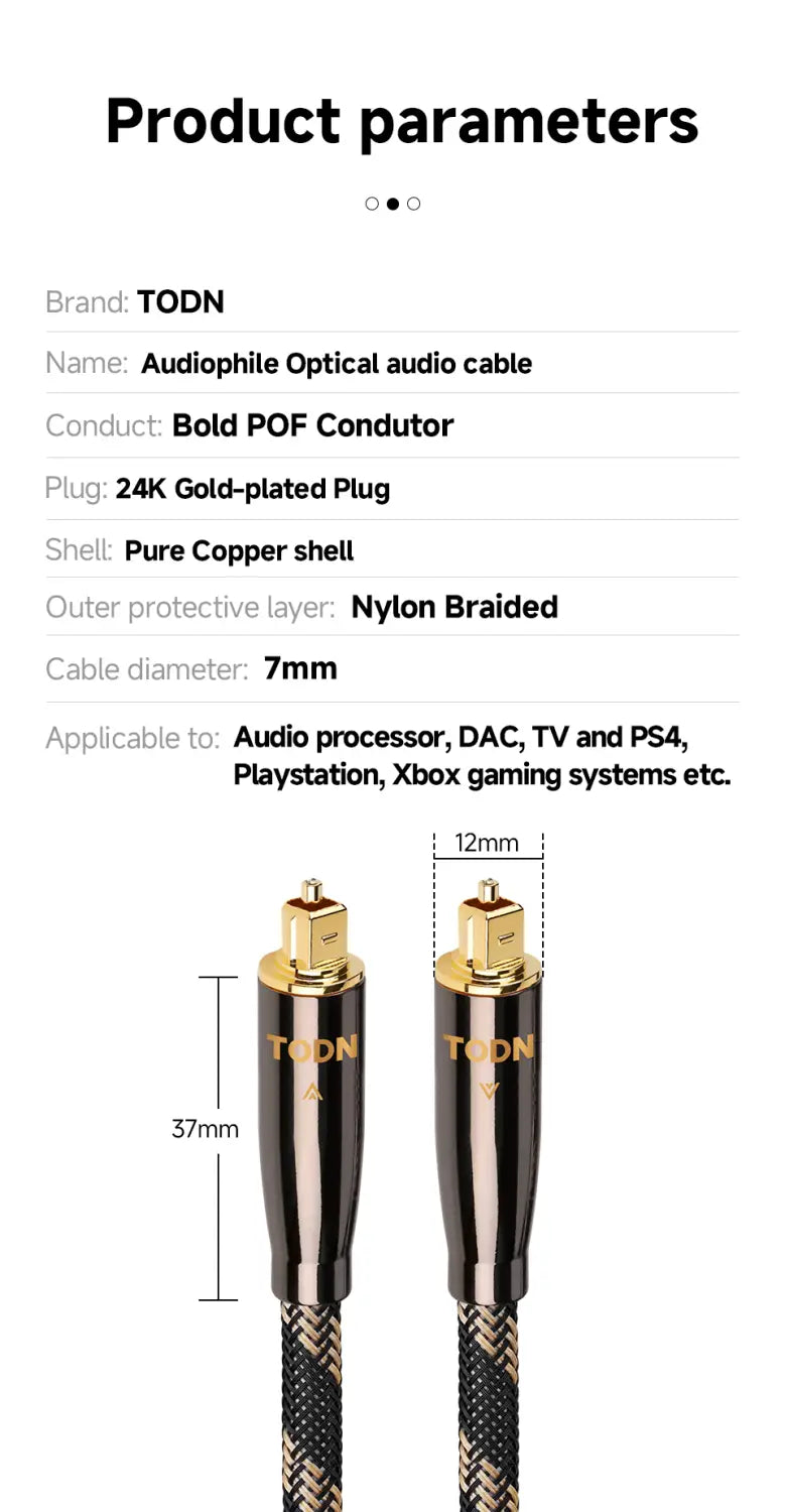 TODN HiFi Optical Audio Cable Digital Fiber Optical Toslink S/PDIF Gold Plated Plug Surround Sound System for TV PS4 Xbox CD