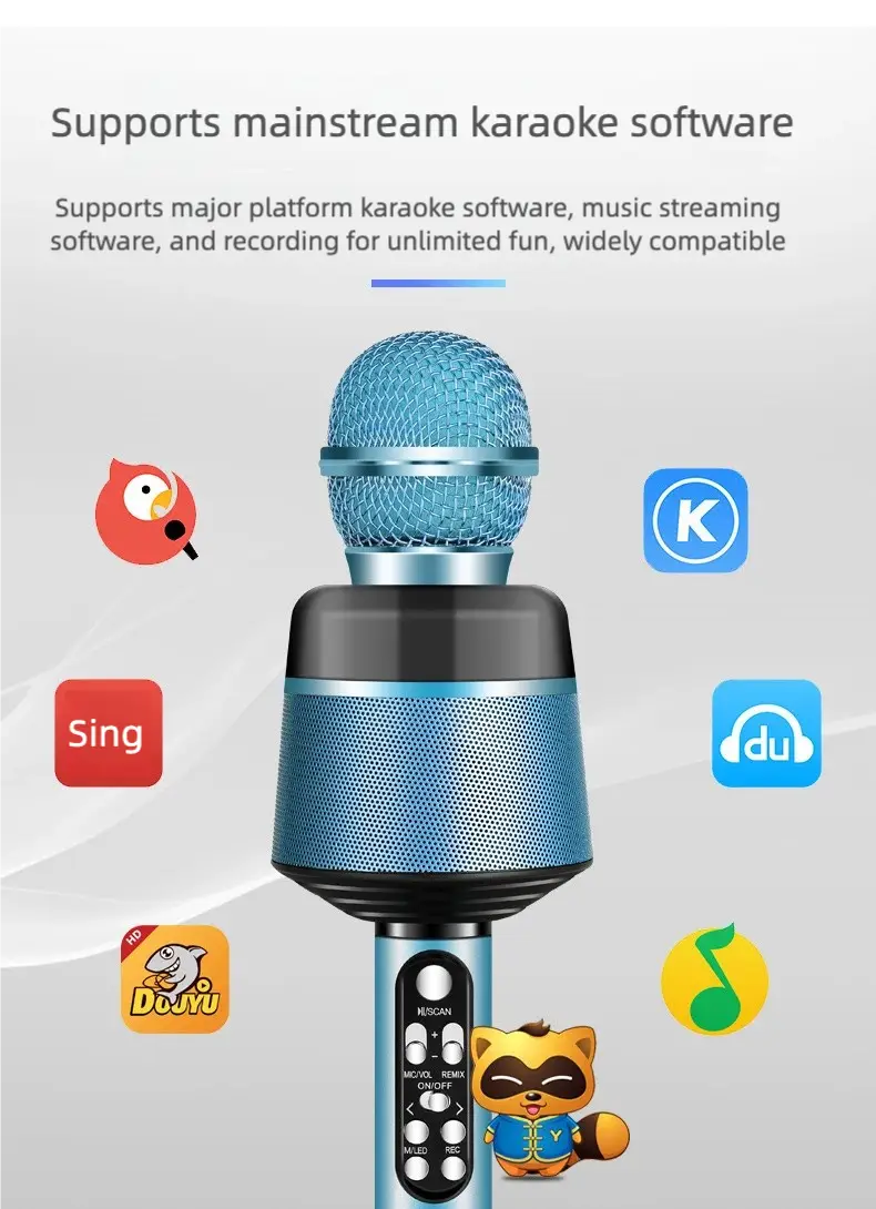 Wireless Bluetooth Karaoke Microphone 5-in-1 Portable Handheld Mic Speaker with Dynamic Lights Karaoke Microphone for Adults