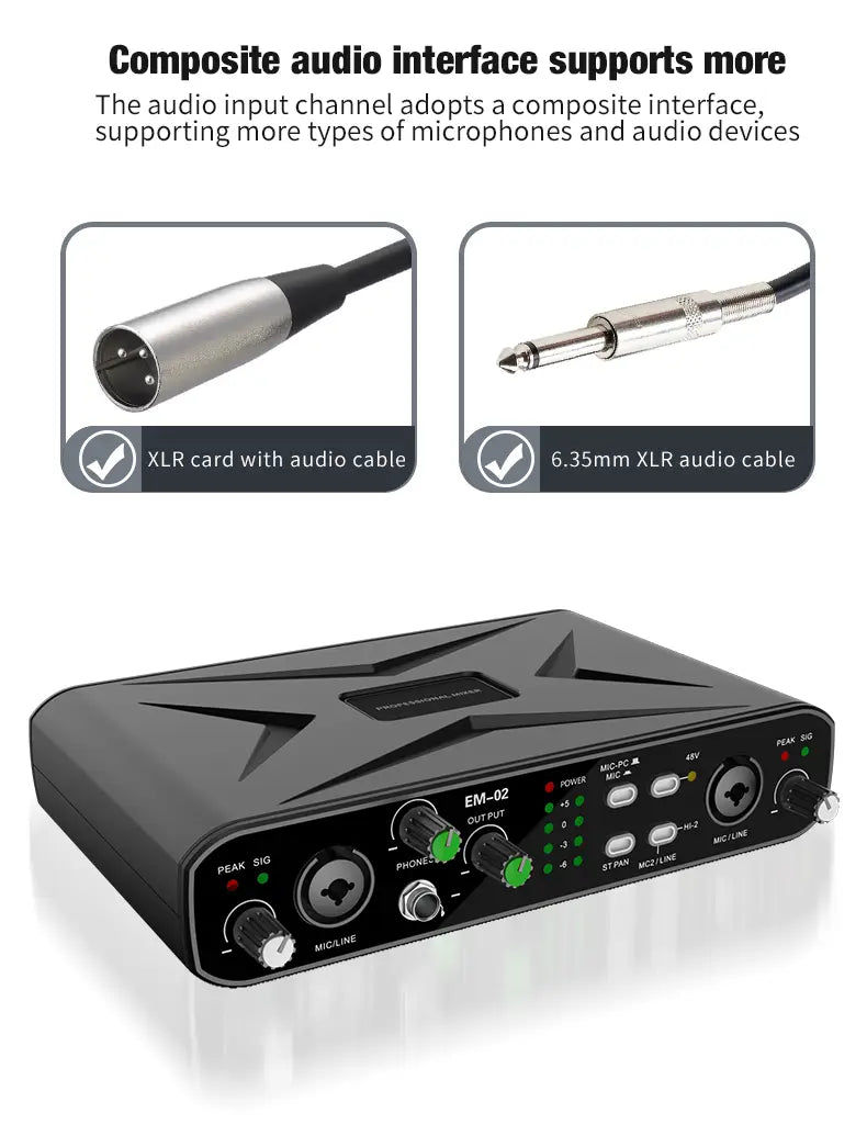 Sound Card Audio Mixer USB Audio Interface With Mic Preamplifier XLR/TSR/TS Ports 48V For Computer Recording Stream&Live Stream