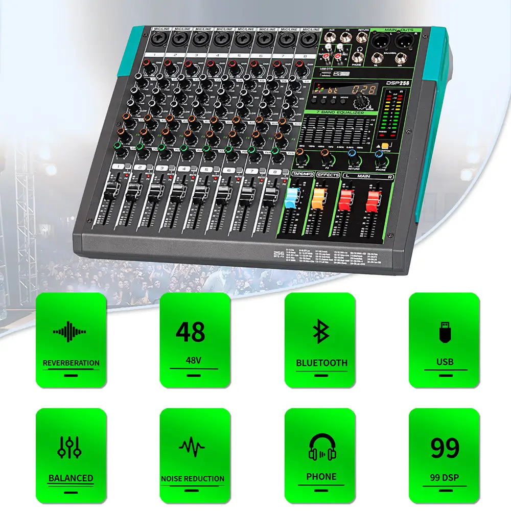 Professional Audio Mixer Depusheng MG8 8 Channel Sound Board Console DJ Mixing Desk System Interface Built-in 256 Reverb Effect