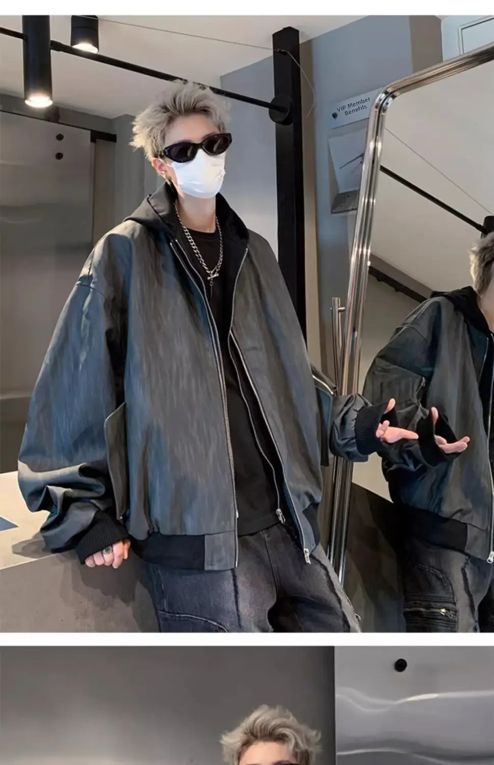 Hip Hop Style Fake Two-Piece Men’s Spring Autumn Baseball Jacket Pilot Coat Leather Shirt Trendy Handsome Hooded Coat