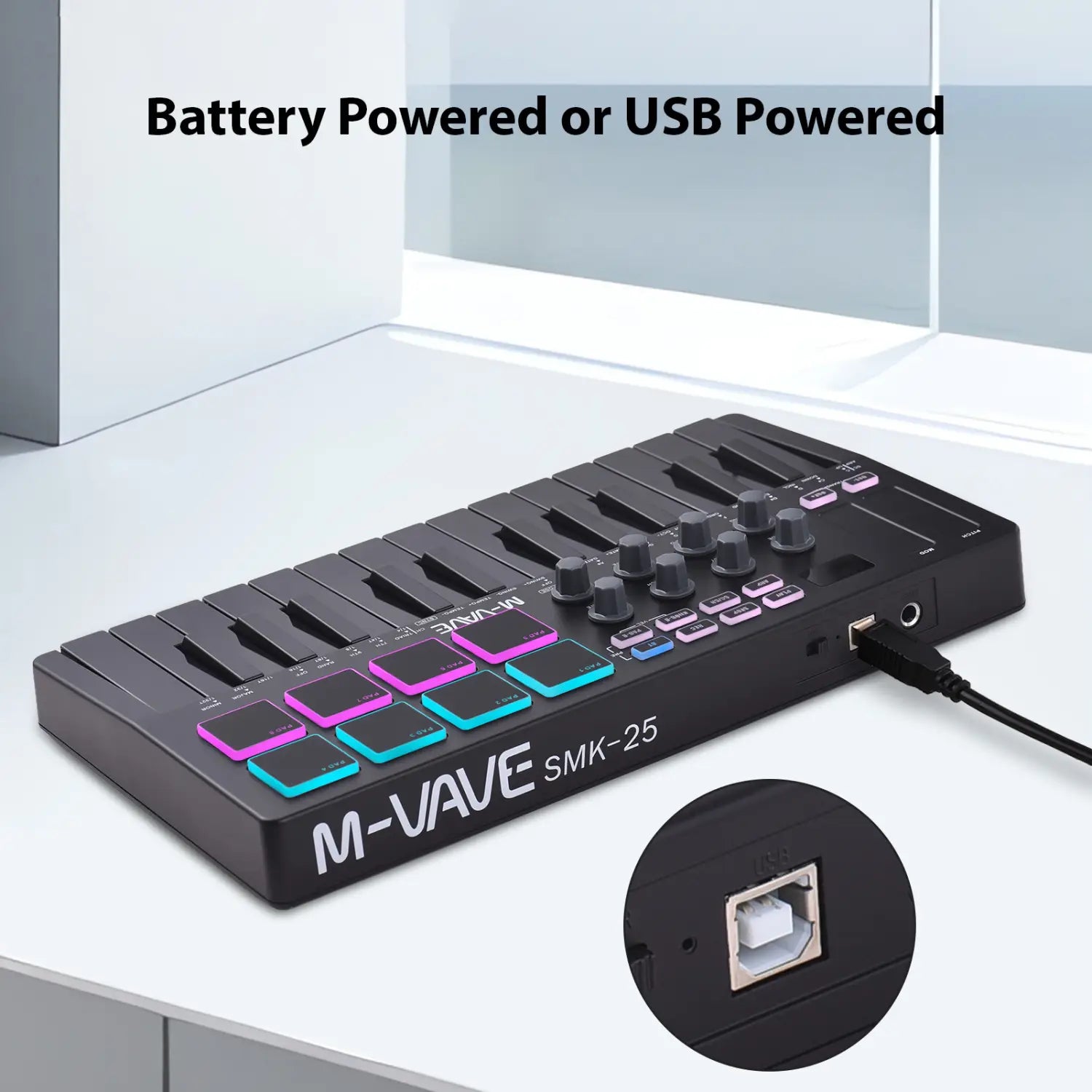 M-VAVE SMK-25 MIDI Keyboard Controller 25-Key 8 RGB Backlit Drum Pads Beats Maker Music Keyboard Strike Pad for Music Production