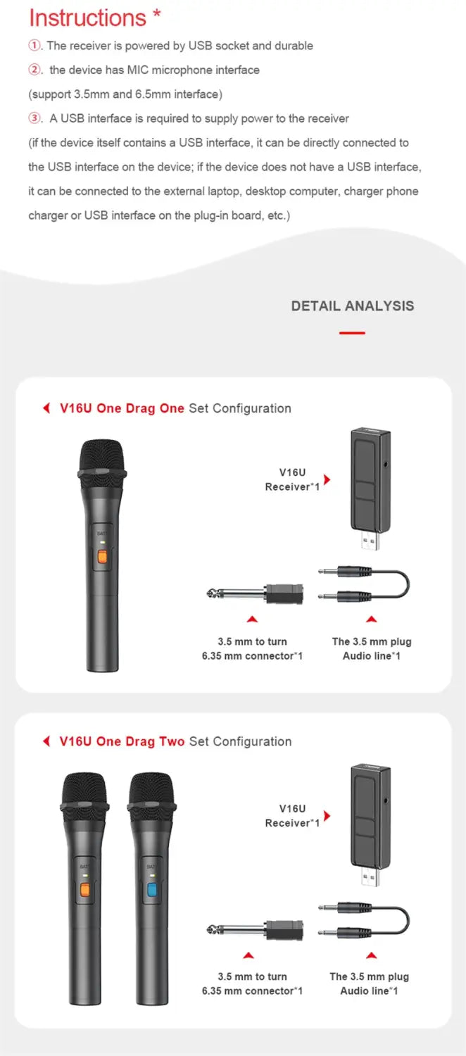 Wireless Microphone System Kits Professional Transmitter and USB Receiver Handheld Mic for Karaoke Microphone Home Party Singing