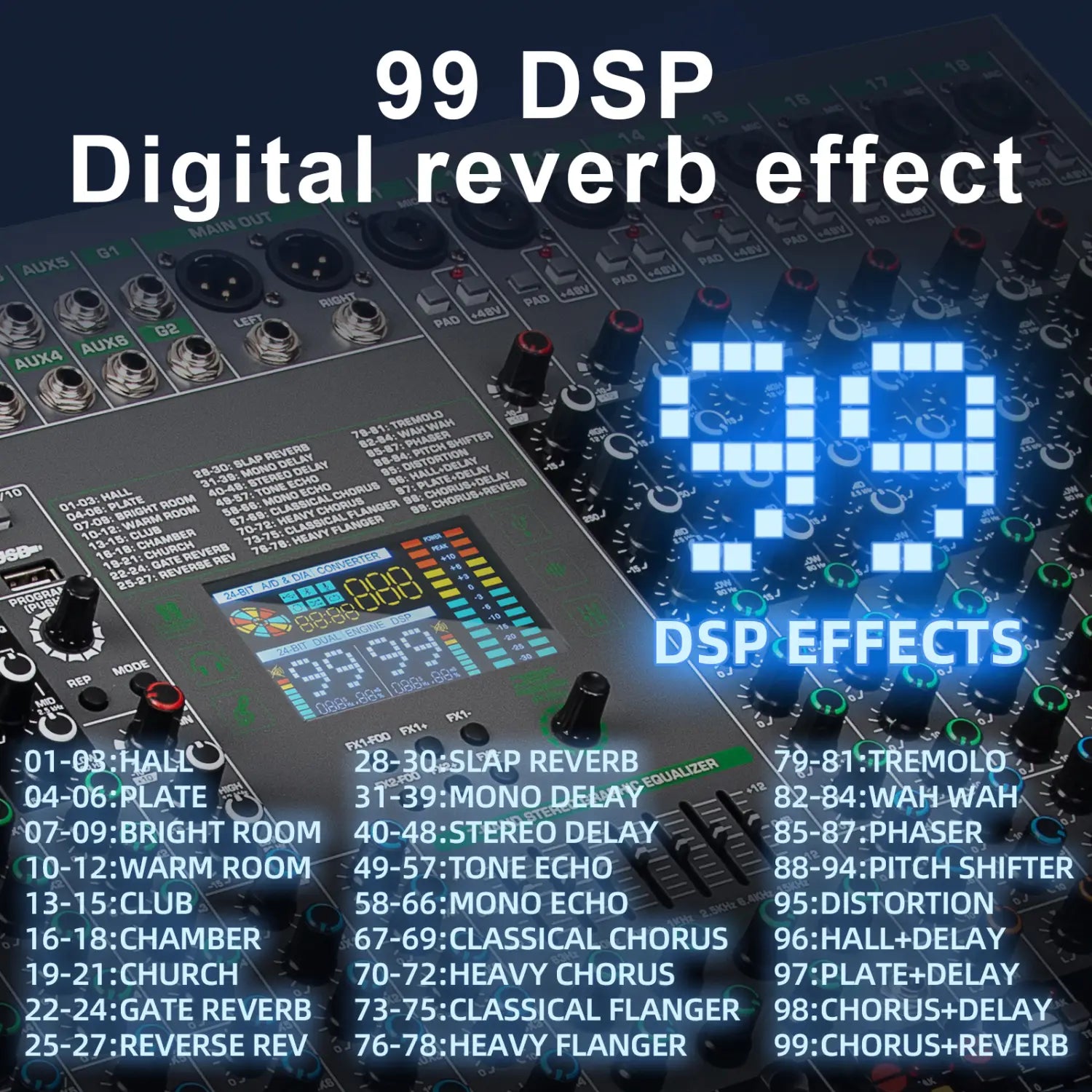 Depusheng Digital Mixer Professional Audio Mixer 18channels with 99bit dps reverb chip Bluetooth USB MP3 for stage bar studio DJ