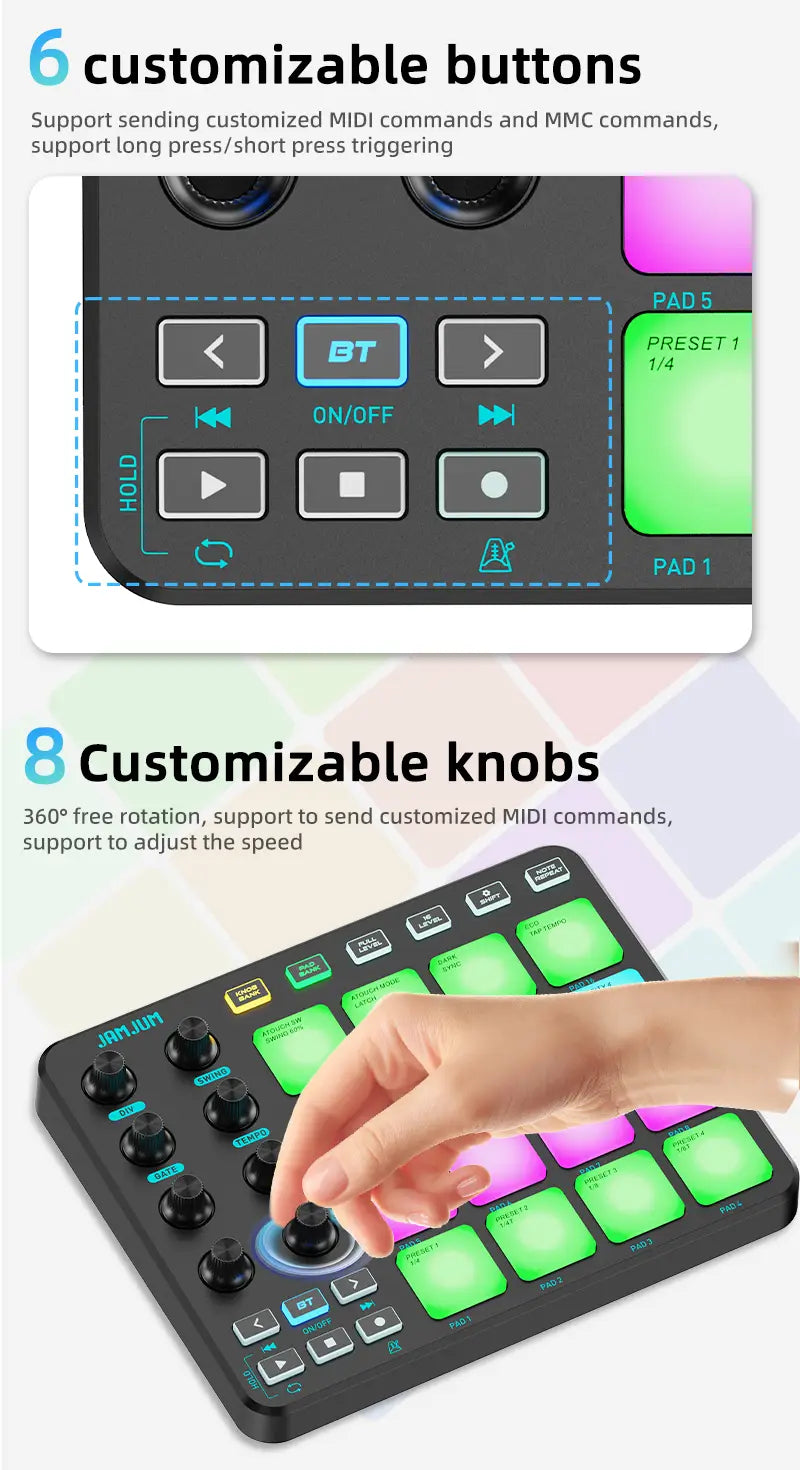 JAMJUM MIDI Controller Pad BT RGB Strike Pad Backlight MIDI Connection Low Latency 3.5mm Output Interface RGB Pad