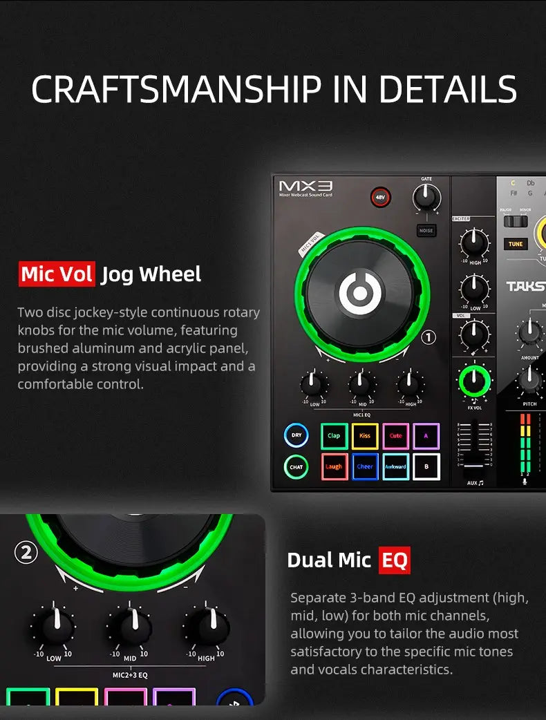 Original Takstar MX3 Mixer Webcast Sound Card Mixing Console Podcast Studio For Karaoke Webcast Recording Live Streaming Guitar
