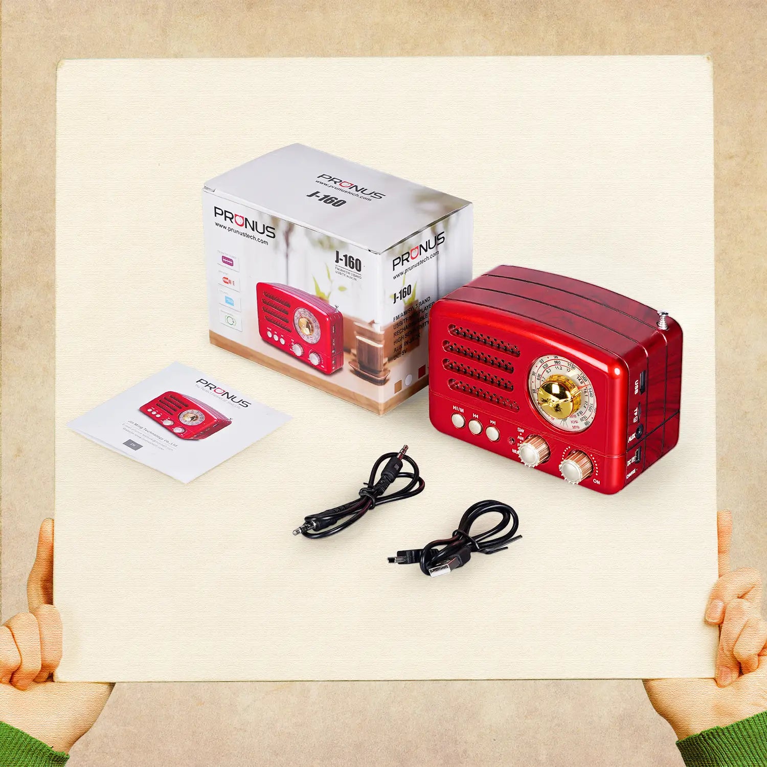 PRUNUS J-160 Classical Retro FM AM Desktop Radio Receiver Rechargeable Portable MP3 Radios Stereo 3W Bluetooth Speaker AUX USB