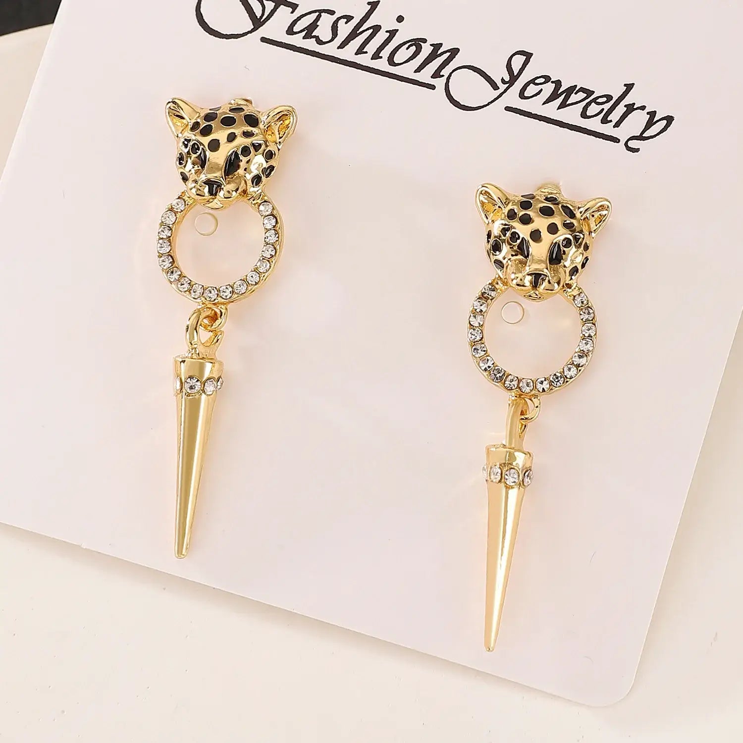 Hip Hop Leopard Head Stud Earrings for Women Punk Statement Jewelry Shiney Crystal Circle Cone Pendant Drops Charm Party Gift