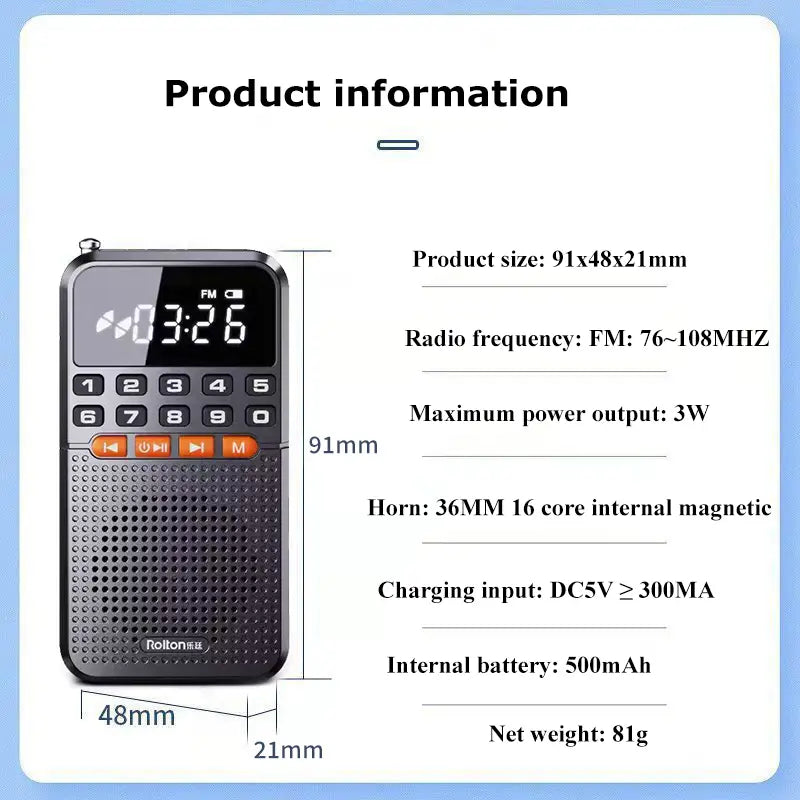 Portable FM Mini Radio Dual Antenna Pocket Radio Receiver Bluetooth 5.0 Speaker TF Card Music Player with LED Flashlight