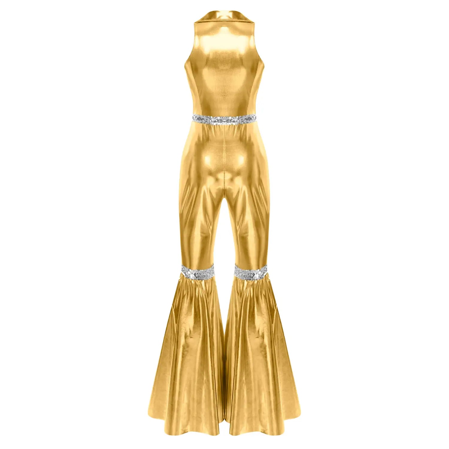 Adult Womens 70s Disco Rompers Lapel V Neck Sleeveless Front Zipper Sequins Bell Bottom Long Pants Jumpsuit Retro Jazz Dancewear