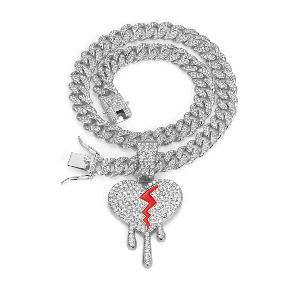 Hip Hop Iced Out Broken Heart Pendants Necklace with Miami Cuban Link Chain Heartbreak Necklaces Men Women Rapper Charm Jewelry