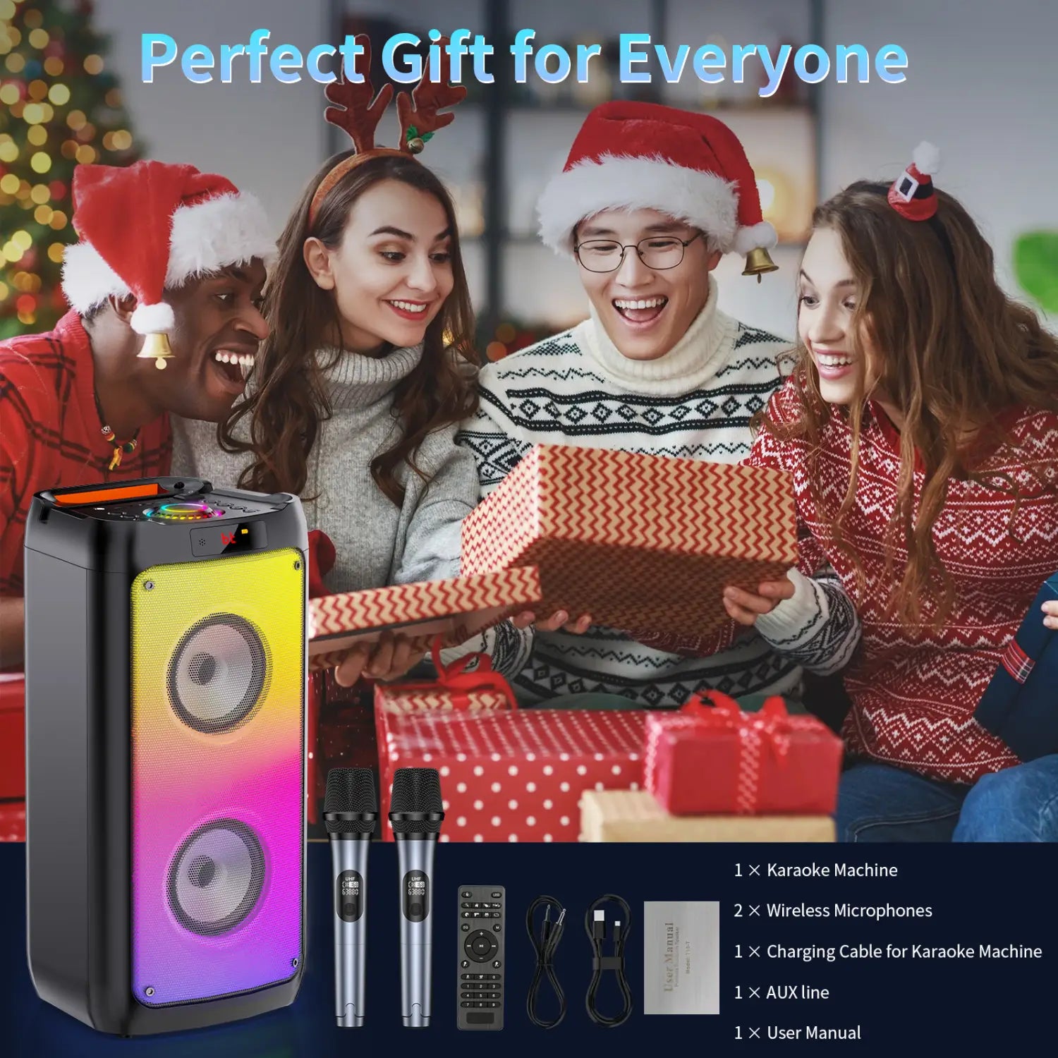 T10-TKaraoke Machine with2Wireless Microphones,Portable Bluetooth Speaker for Adults& Kids,Big Party PA System with Disco Lights
