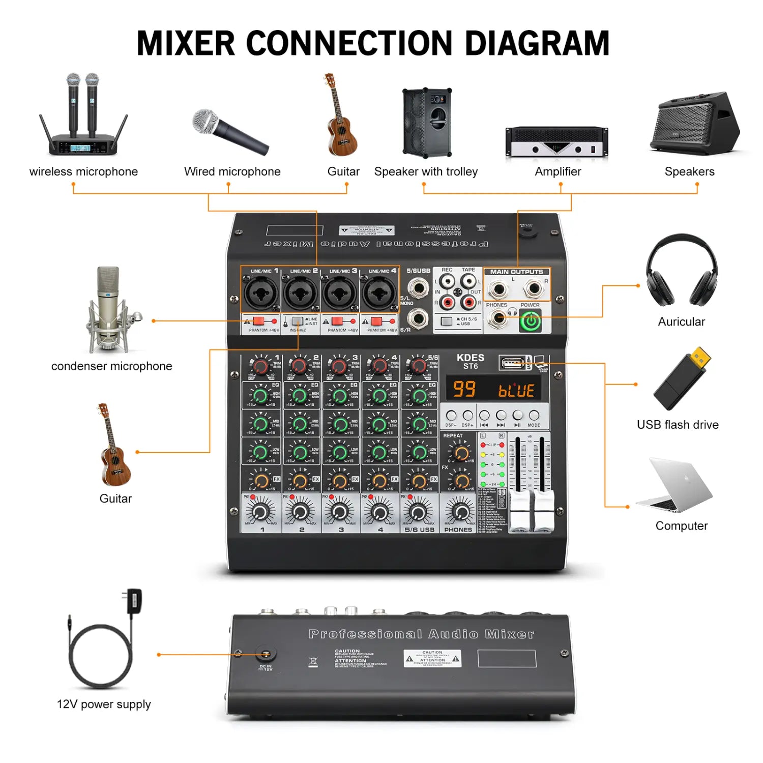 KDES Audio Mixer 4-6-8 Channel 99 DSP Effect Record PC 48V Phantom Power USB Sound Mixers Bluetooth DJ Console Mixing for Karaok