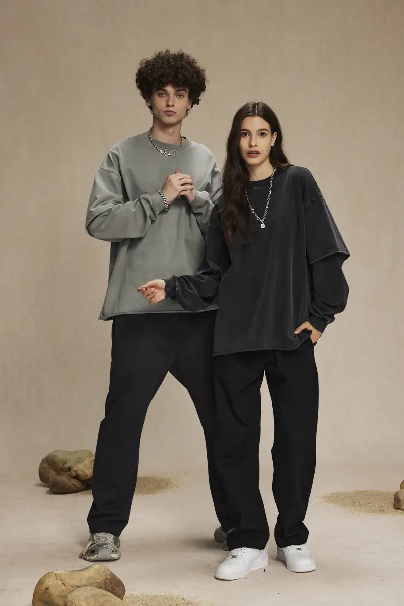 2024 Hip Hop Retro Fake Two Piece Rough Edge Round Neck Long Sleeve T-shirt for Men Washing Streetwear Trendy Baggy Tshirts Y2k