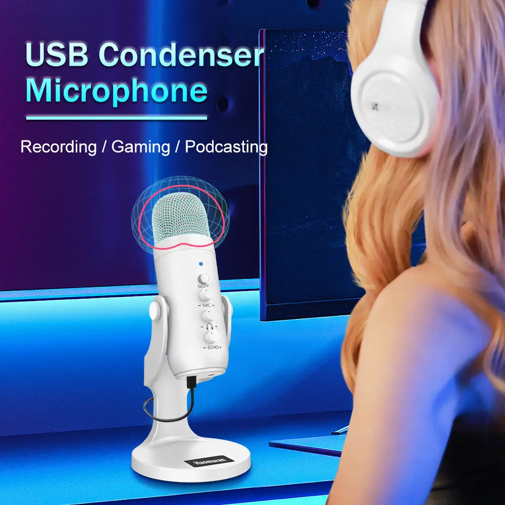 Professional White USB Condenser Microphone Studio Recording Mic for PC Computer Phone Gaming Streaming Podcast Vocals Youtube