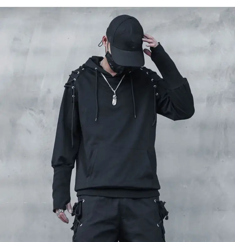Punk Drawstring Sleeve Hooded Pullover Harajuku Techwear Hoodies Sweatshirts Mens Loose Hoody Clothing Hip Hop Streetwear