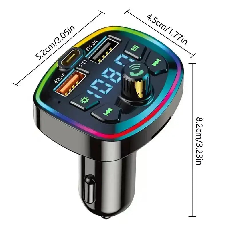 Car Charger FM Transmitter Bluetooth5.0 Hands Free FastCharging True 3.1A Dual USB Port PD MP3 Music TF Card U disk AUX Player