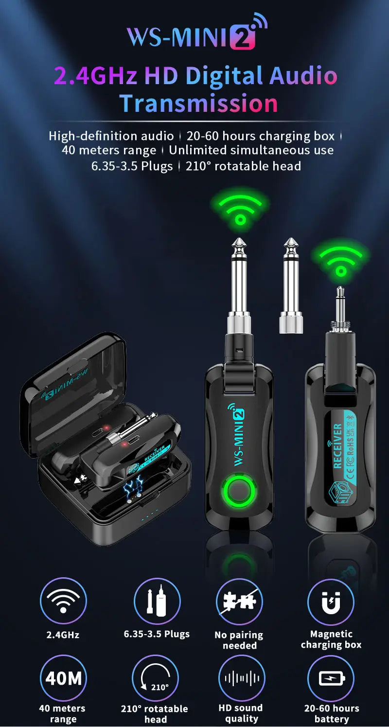 2.4GHz Mini Wireless Guitar System Rechargeable Audio Wireless Guitar Transmitter Receiver for Guitar Bass Electric Instruments