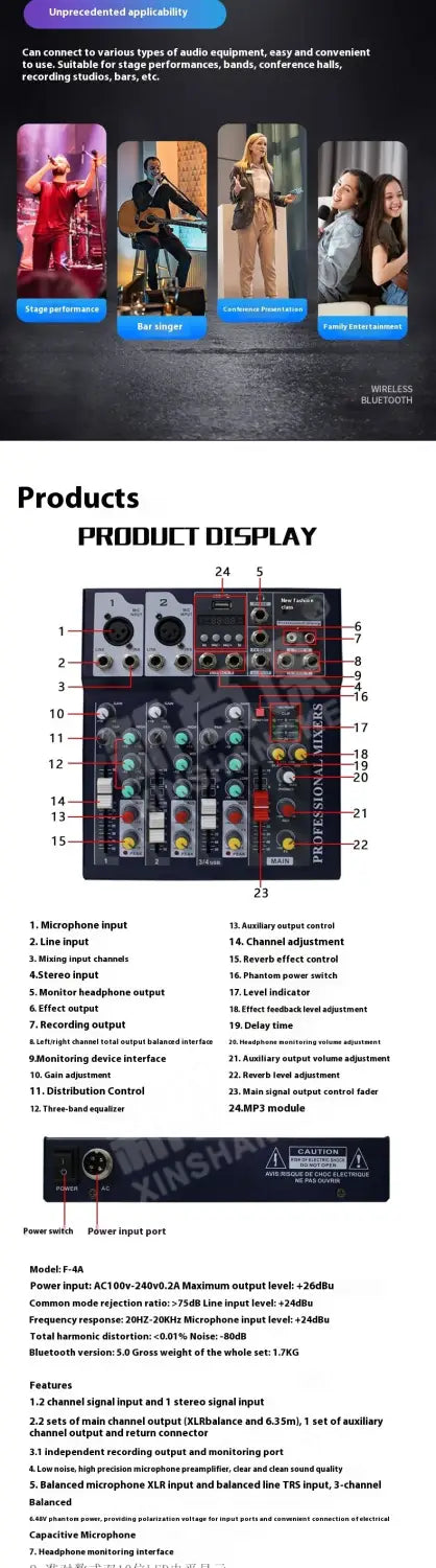 Portable Audio Mixer Systerm 2/4/5/6/7 Channel Bluetooth USB Flash Drive Recording Sound Card Live Broadcast Amplifier Mixer