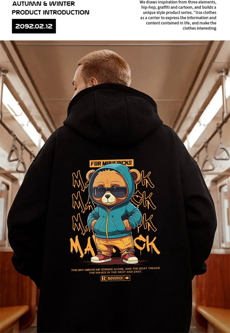 New in Hip Hop Bear Graphic Print Hoodies For Men Oversized Streetwear Y2K Hoody Sweatshirts Fleece Casual Pullover Hoodie