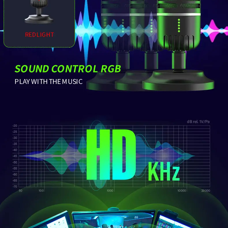 USB Dynamic Microphone for Gaming RGB Light for Live Streaming on Desktop Laptop Computer Smartphone Podcasting Studio Recording