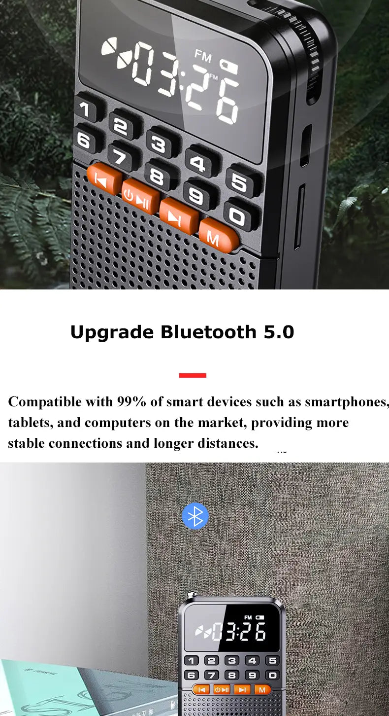 Portable FM Mini Radio Dual Antenna Pocket Radio Receiver Bluetooth 5.0 Speaker TF Card Music Player with LED Flashlight
