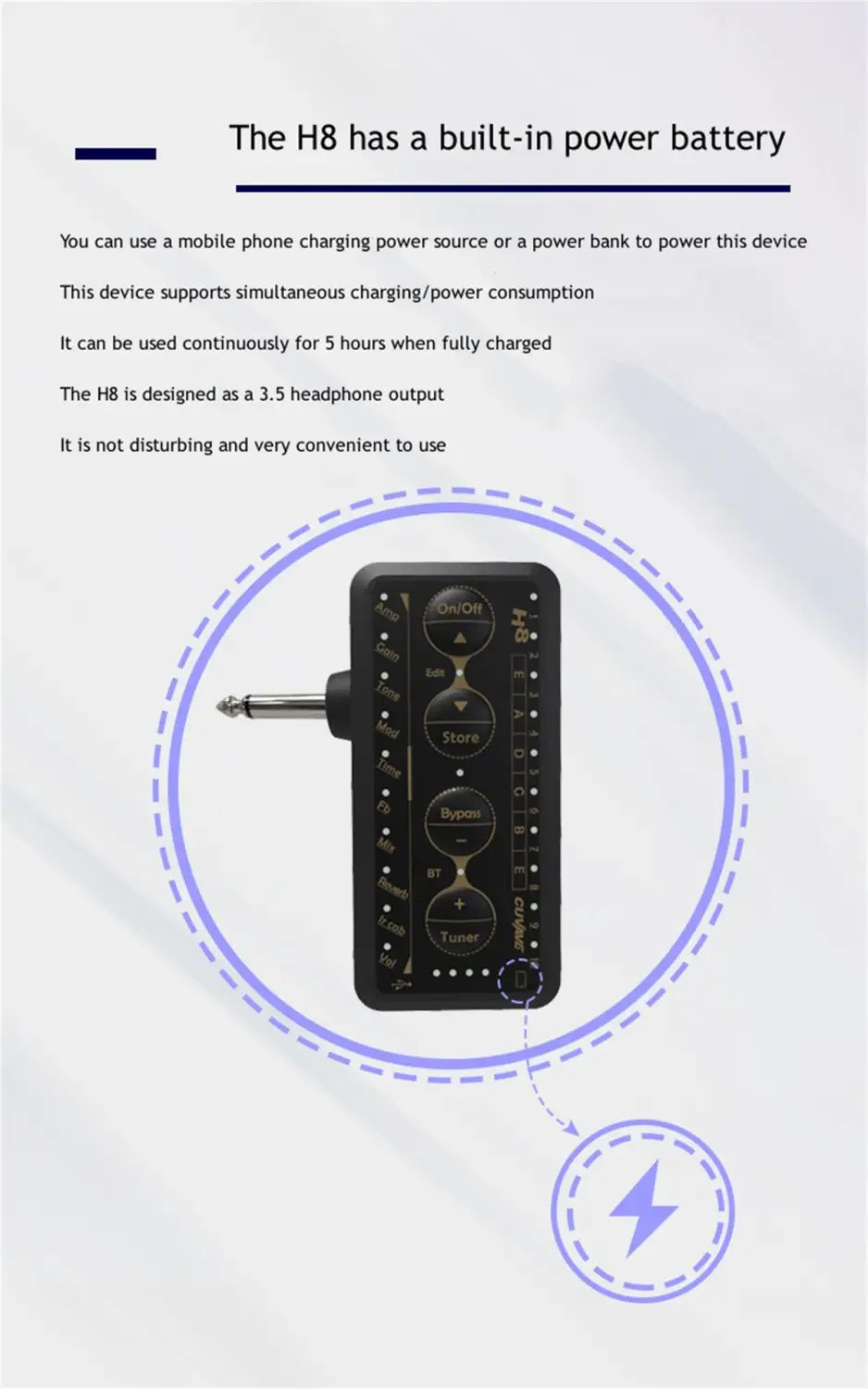 M-VAVE H8 Guitar Headphone Amplifier Portable Rechargeable Mini Headphone Amp Built-in Delay Reverb Effect for Electric Bass
