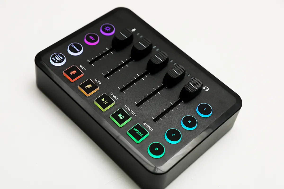 Gaming Audio Mixer,Rechargeable Audio Interface RGB Mixer with XLR Microphone Interface,48V Phantom Power,for Podcast/Recording